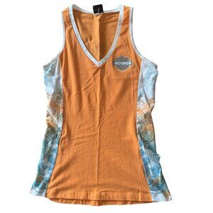 Harley-Davidson Womens M Orange Tank Top Blue Graphic Design V-Neck